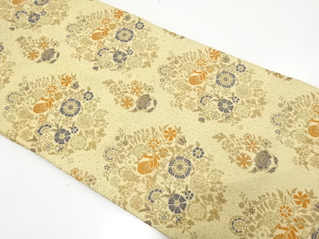 JAPANESE KIMONO / ANTIQUE NAGOYA OBI / SILK / WOVEN FLOWERS & BIRDS & SARASA